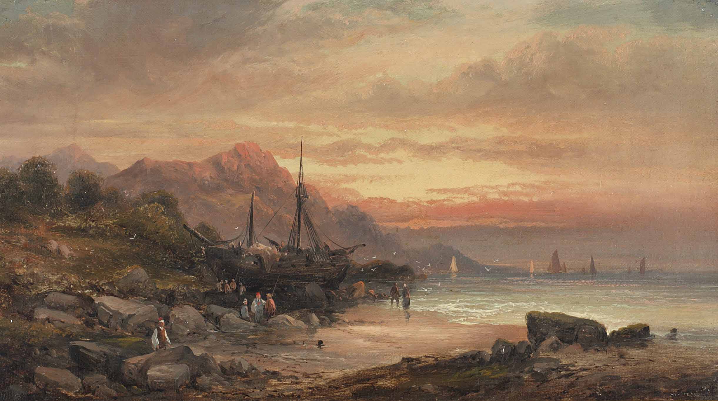 William Tomkins Coastal scene with islet and fishing folk